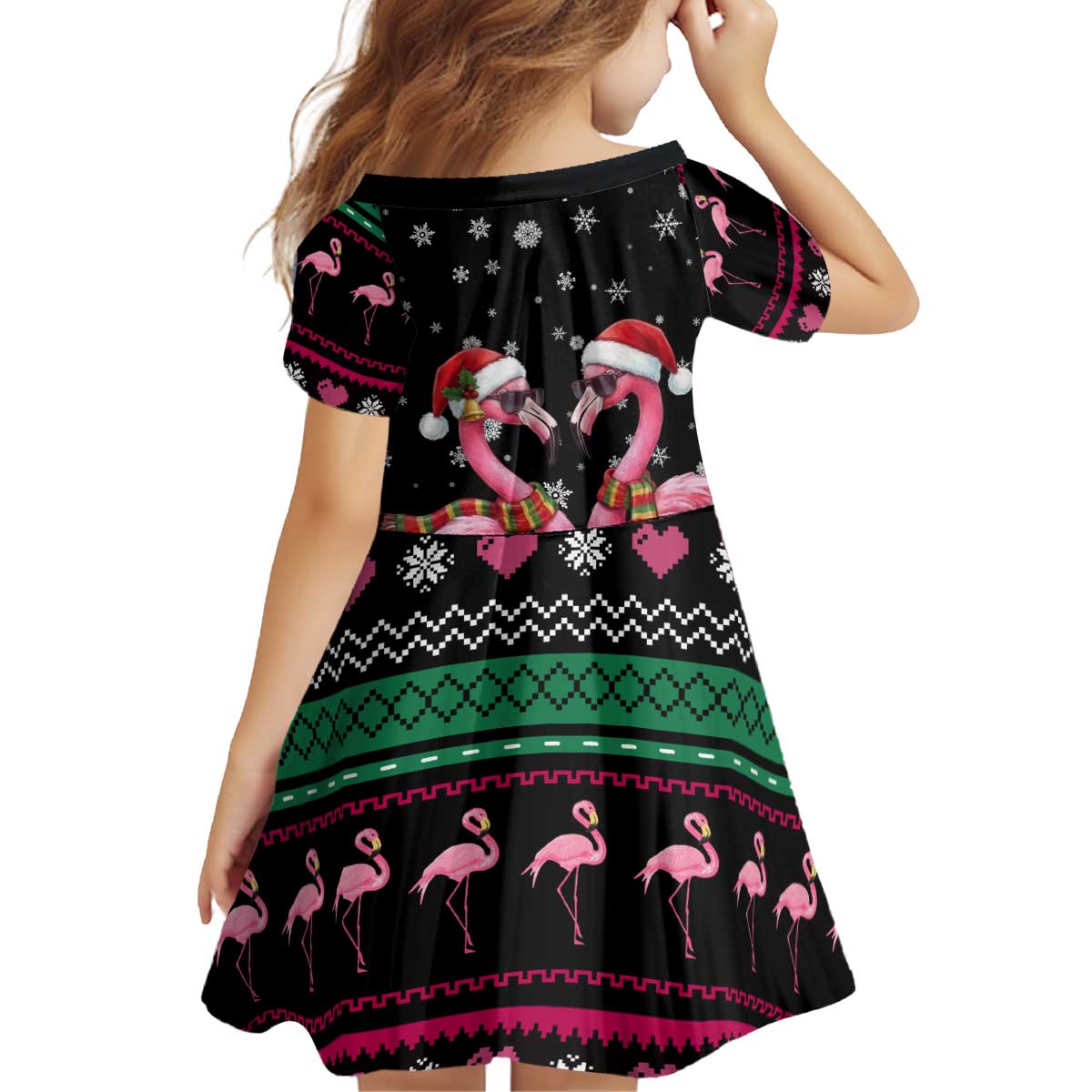 Flamingo Couple Christmas Kid Short Sleeve Dress Xmas Holiday Patterns - Wonder Print Shop