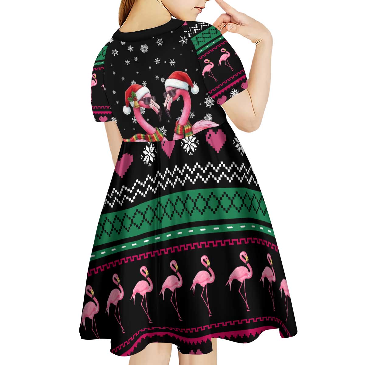 Flamingo Couple Christmas Kid Short Sleeve Dress Xmas Holiday Patterns - Wonder Print Shop