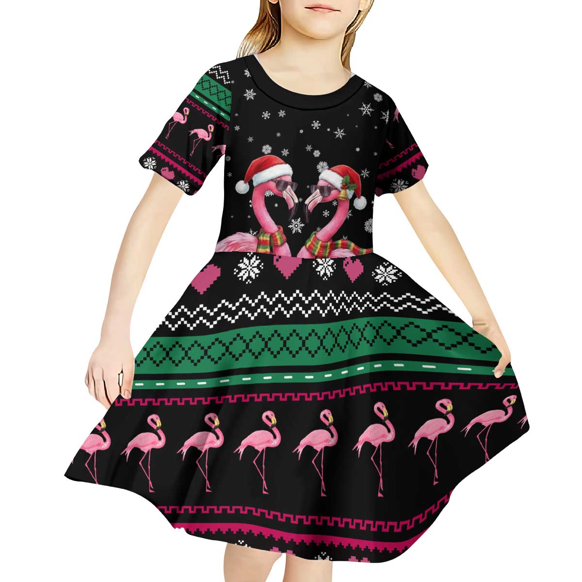 Flamingo Couple Christmas Kid Short Sleeve Dress Xmas Holiday Patterns - Wonder Print Shop