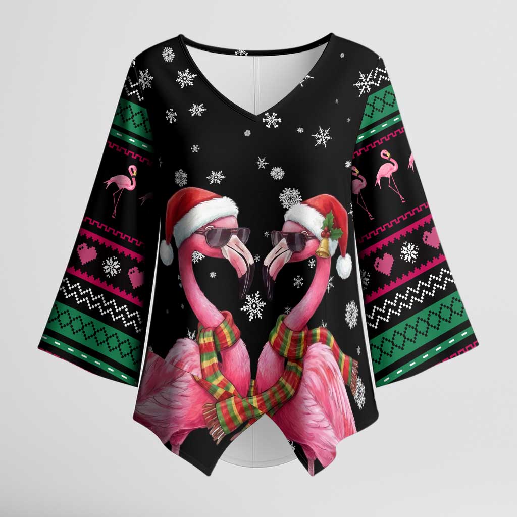 Flamingo Couple Christmas Kimono Sleeve Blouse Xmas Holiday Patterns - Wonder Print Shop