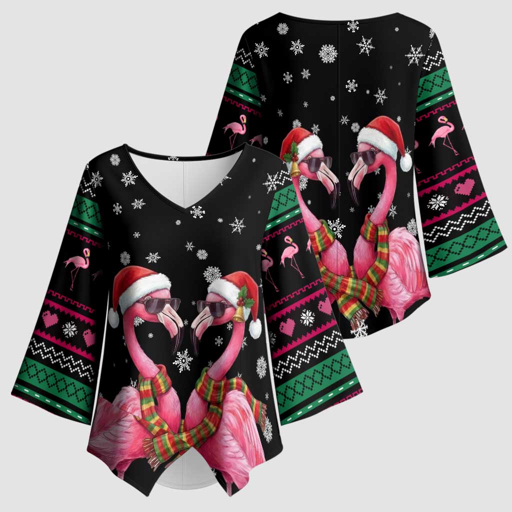 Flamingo Couple Christmas Kimono Sleeve Blouse Xmas Holiday Patterns - Wonder Print Shop