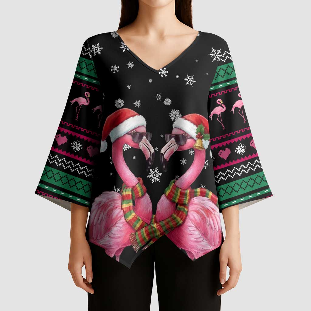 Flamingo Couple Christmas Kimono Sleeve Blouse Xmas Holiday Patterns - Wonder Print Shop