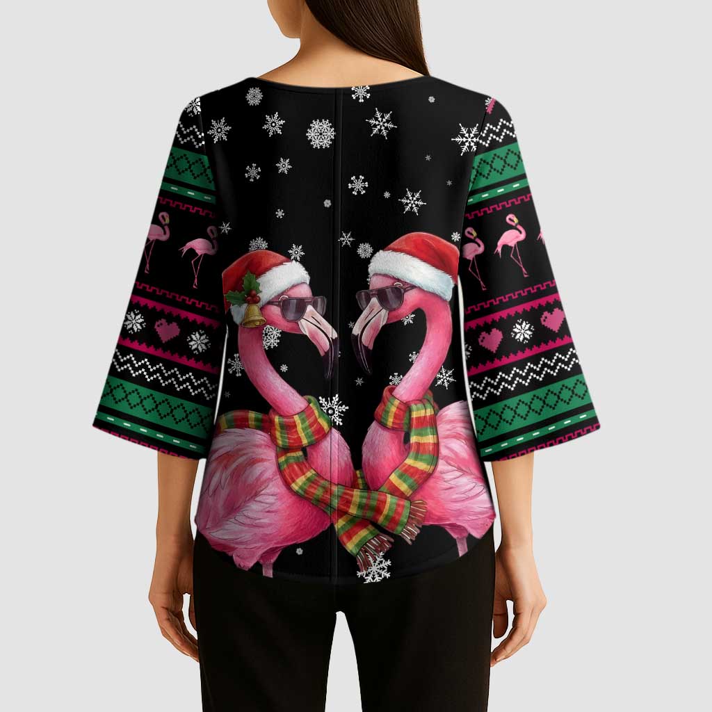 Flamingo Couple Christmas Kimono Sleeve Blouse Xmas Holiday Patterns - Wonder Print Shop