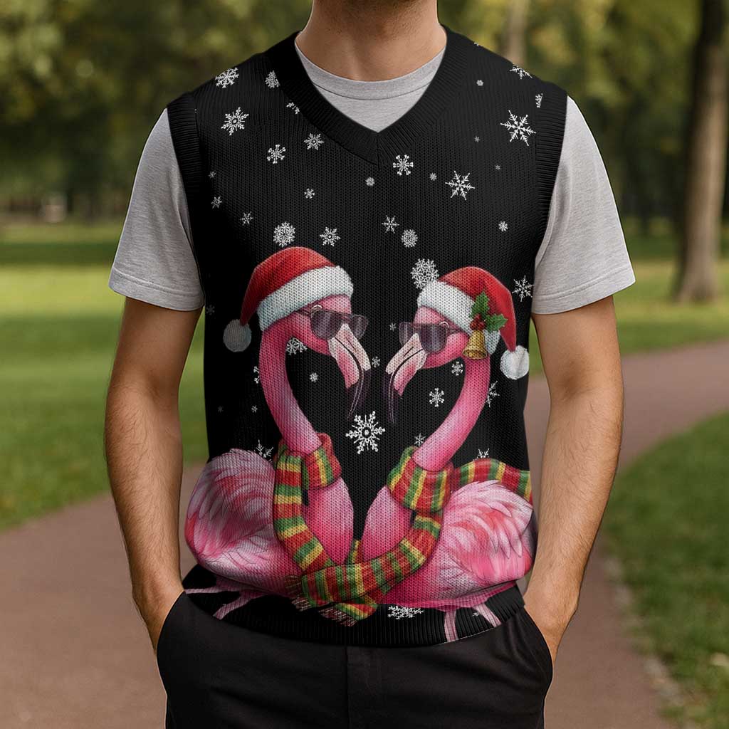 Flamingo Couple Christmas Knitted V-Neck Vest Xmas Holiday Patterns - Wonder Print Shop