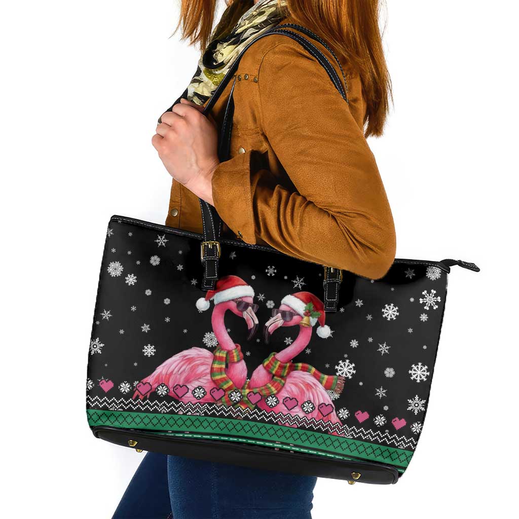 Flamingo Couple Christmas Leather Tote Bag Xmas Holiday Patterns - Wonder Print Shop