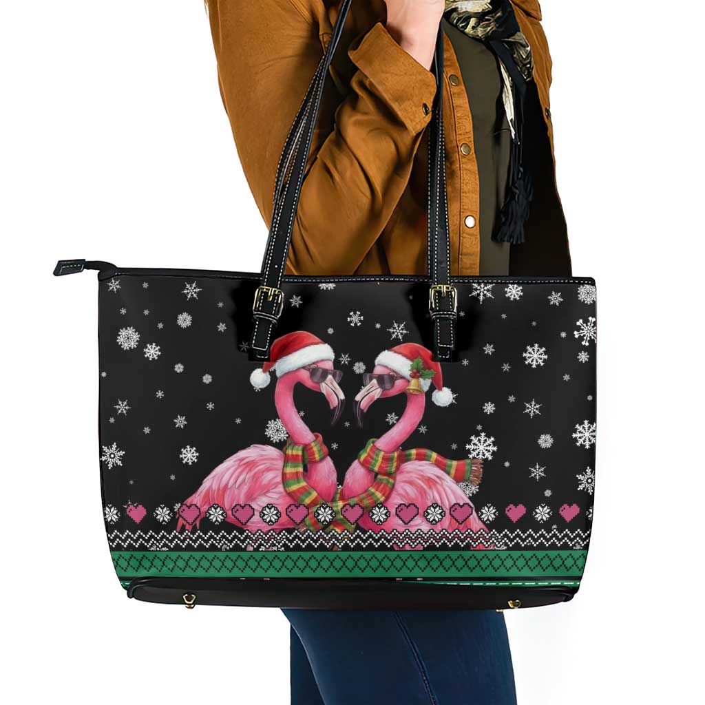 Flamingo Couple Christmas Leather Tote Bag Xmas Holiday Patterns - Wonder Print Shop