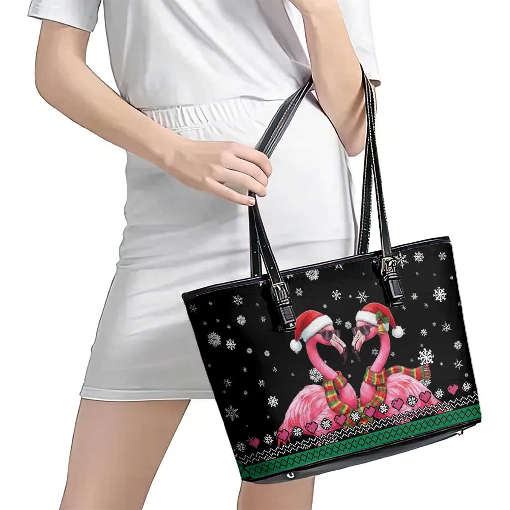 Flamingo Couple Christmas Leather Tote Bag Xmas Holiday Patterns - Wonder Print Shop