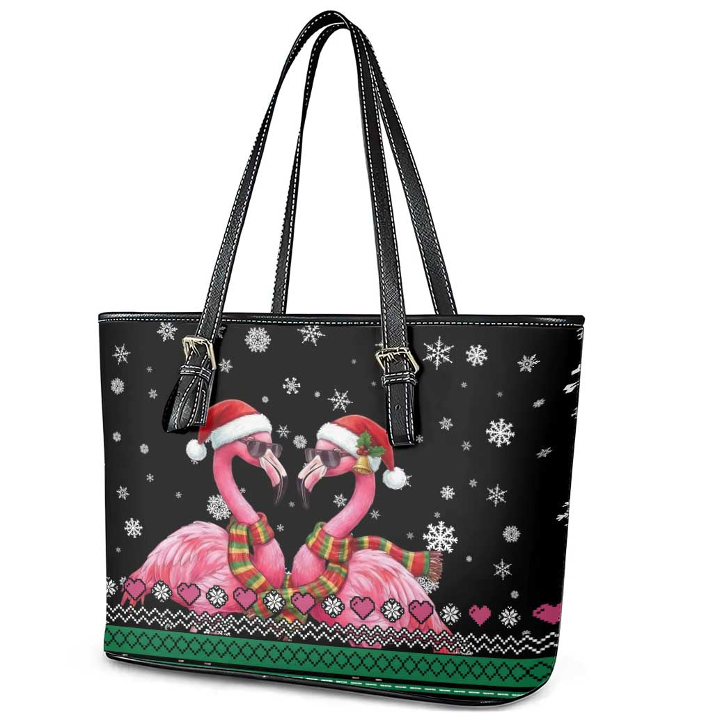 Flamingo Couple Christmas Leather Tote Bag Xmas Holiday Patterns - Wonder Print Shop