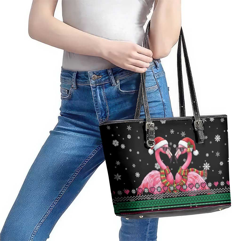 Flamingo Couple Christmas Leather Tote Bag Xmas Holiday Patterns - Wonder Print Shop