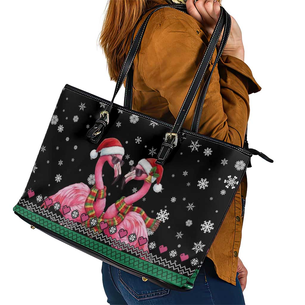 Flamingo Couple Christmas Leather Tote Bag Xmas Holiday Patterns - Wonder Print Shop