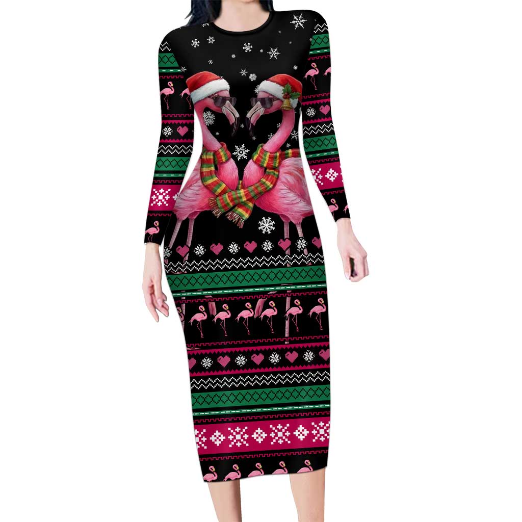 Flamingo Couple Christmas Long Sleeve Bodycon Dress Xmas Holiday Patterns - Wonder Print Shop