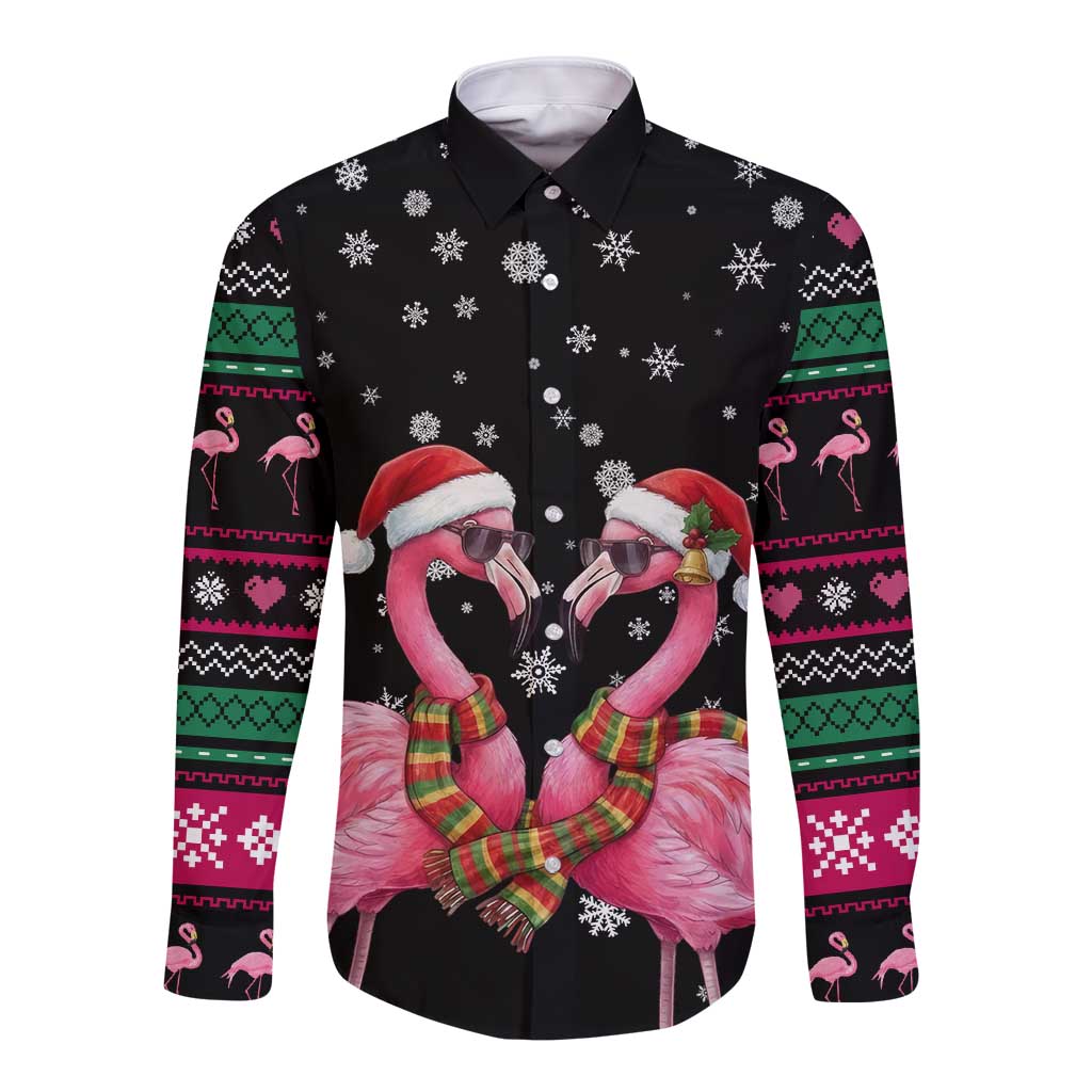 Flamingo Couple Christmas Long Sleeve Button Shirt Xmas Holiday Patterns - Wonder Print Shop