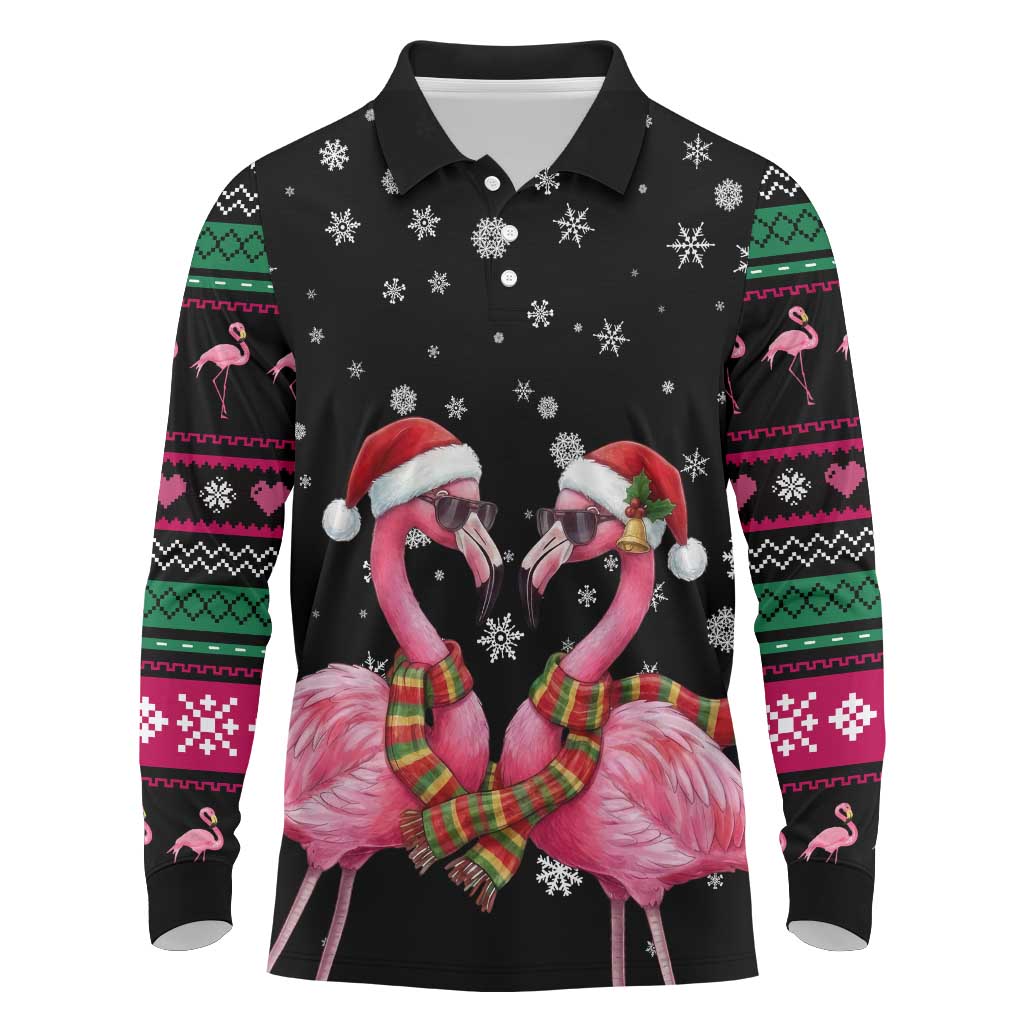Flamingo Couple Christmas Long Sleeve Polo Shirt Xmas Holiday Patterns - Wonder Print Shop