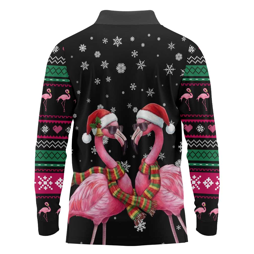 Flamingo Couple Christmas Long Sleeve Polo Shirt Xmas Holiday Patterns - Wonder Print Shop
