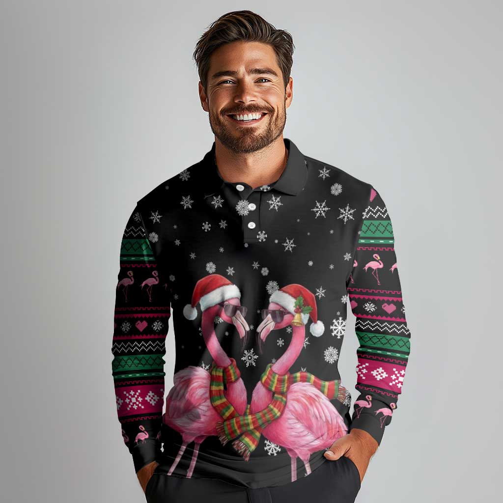 Flamingo Couple Christmas Long Sleeve Polo Shirt Xmas Holiday Patterns - Wonder Print Shop