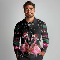 Flamingo Couple Christmas Long Sleeve Polo Shirt Xmas Holiday Patterns - Wonder Print Shop