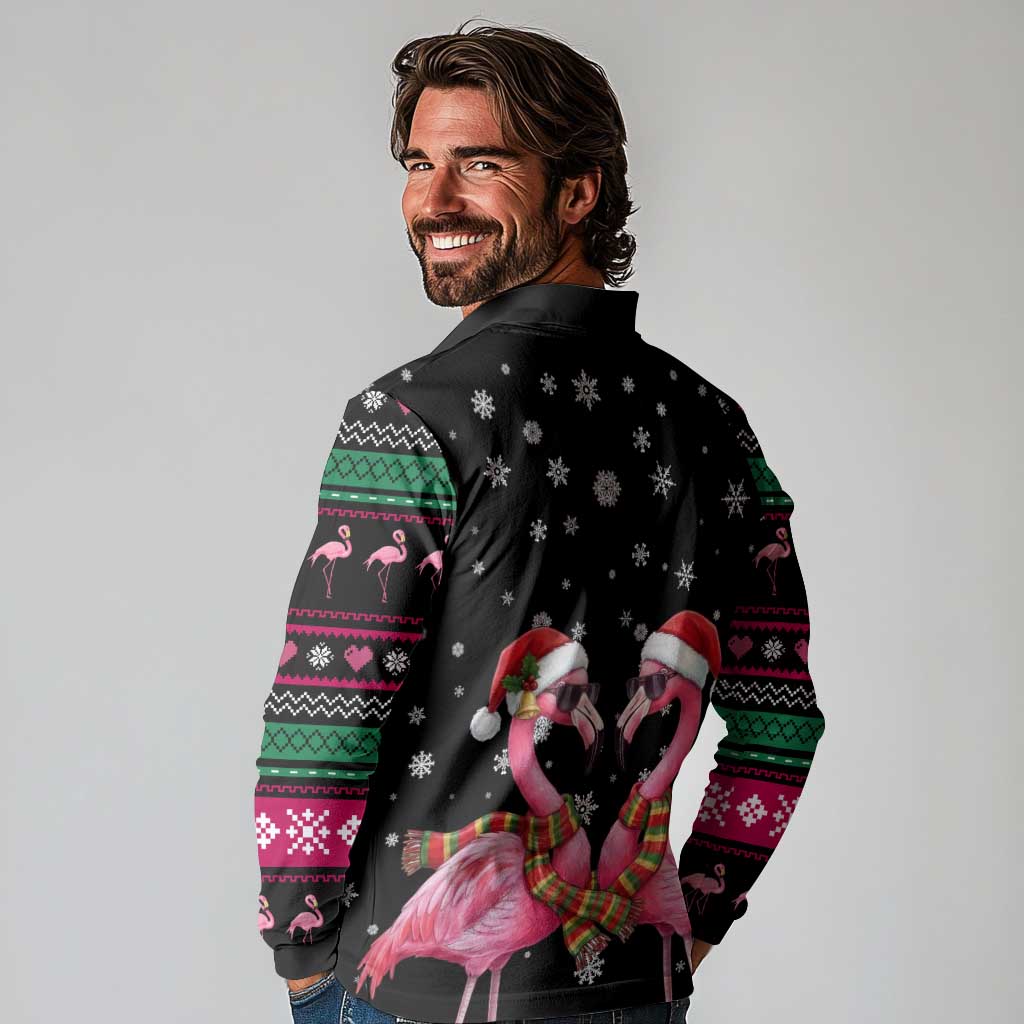 Flamingo Couple Christmas Long Sleeve Polo Shirt Xmas Holiday Patterns - Wonder Print Shop