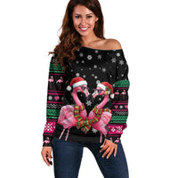 Flamingo Couple Christmas Off Shoulder Sweater Xmas Holiday Patterns - Wonder Print Shop