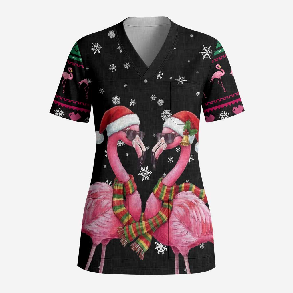 Flamingo Couple Christmas Scrub Top Xmas Holiday Patterns - Wonder Print Shop