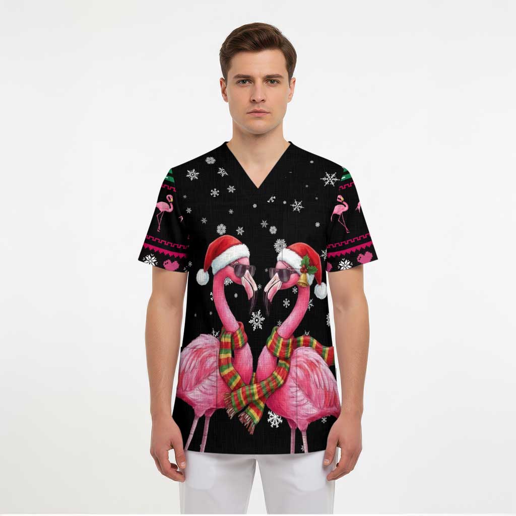Flamingo Couple Christmas Scrub Top Xmas Holiday Patterns - Wonder Print Shop