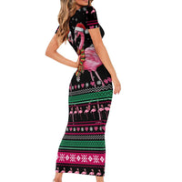 Flamingo Couple Christmas Short Sleeve Bodycon Dress Xmas Holiday Patterns - Wonder Print Shop