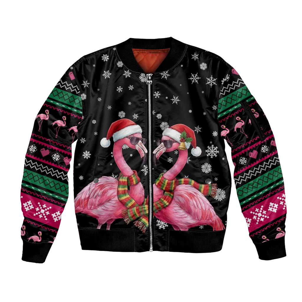 Flamingo Couple Christmas Sleeve Zip Bomber Jacket Xmas Holiday Patterns - Wonder Print Shop