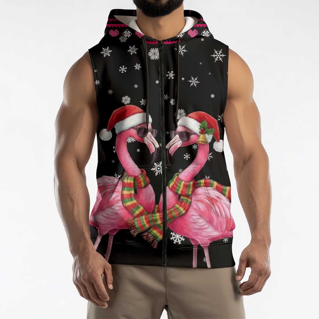 Flamingo Couple Christmas Sleeveless Zip Hoodie Xmas Holiday Patterns - Wonder Print Shop