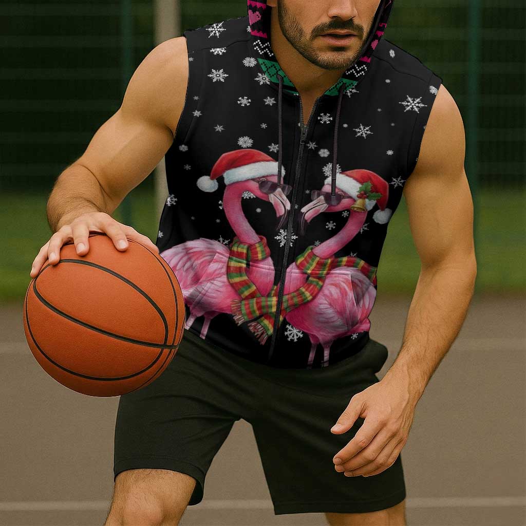 Flamingo Couple Christmas Sleeveless Zip Hoodie Xmas Holiday Patterns - Wonder Print Shop