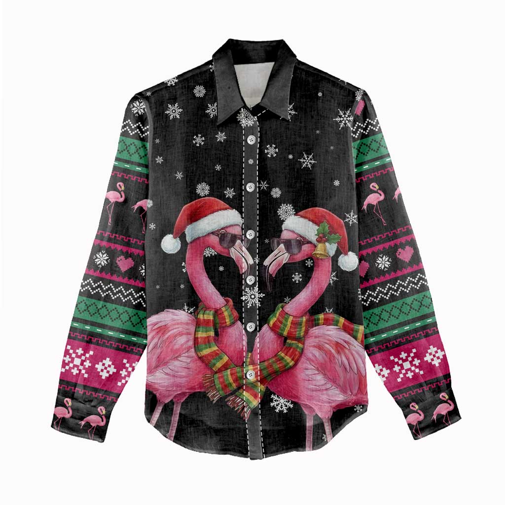 Flamingo Couple Christmas Women Casual Shirt Xmas Holiday Patterns - Wonder Print Shop