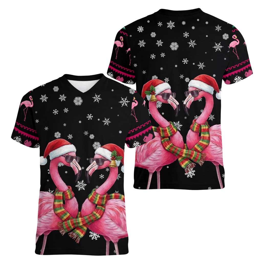Flamingo Couple Christmas Women V-Neck T-Shirt Xmas Holiday Patterns - Wonder Print Shop