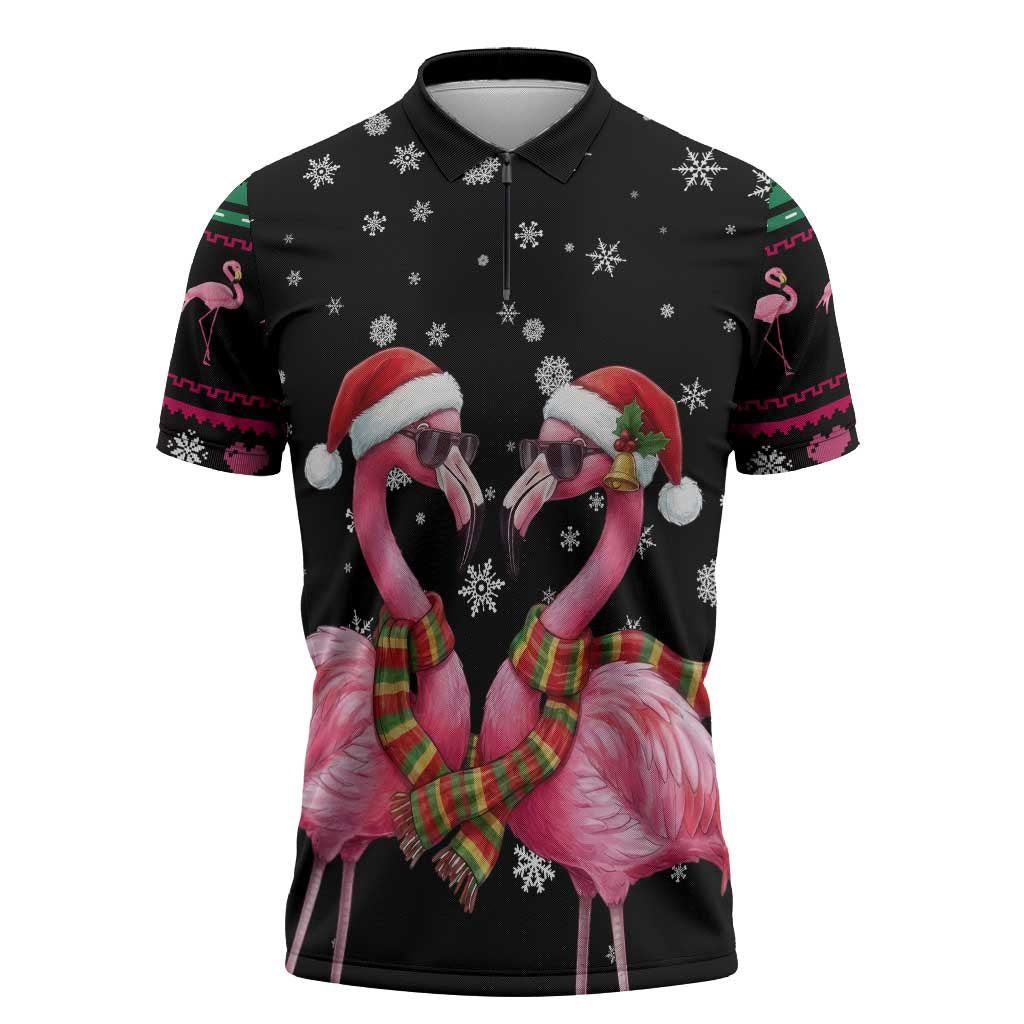 Flamingo Couple Christmas Zipper Polo Shirt Xmas Holiday Patterns - Wonder Print Shop