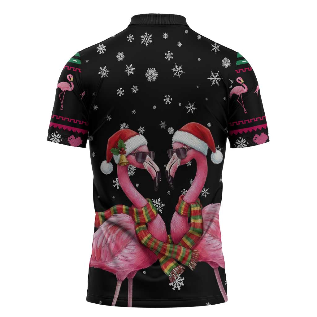 Flamingo Couple Christmas Zipper Polo Shirt Xmas Holiday Patterns - Wonder Print Shop
