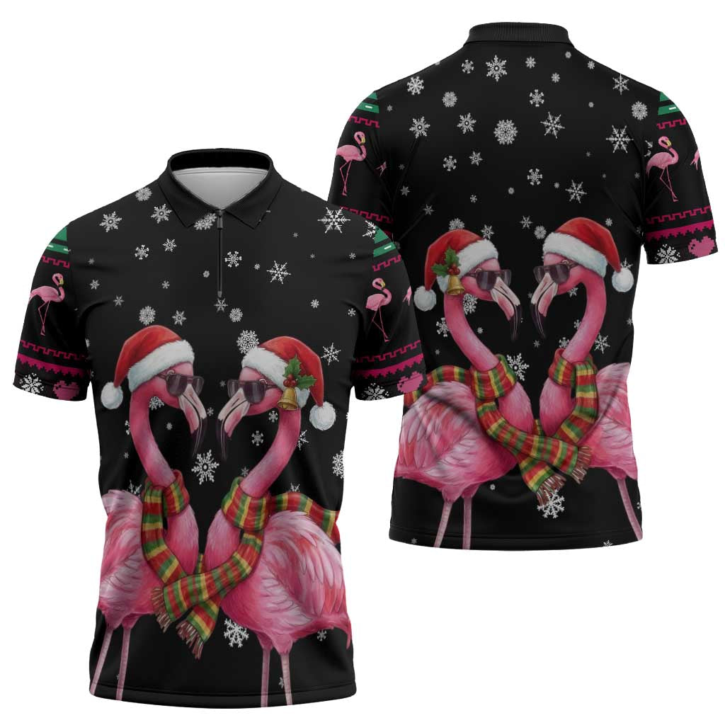 Flamingo Couple Christmas Zipper Polo Shirt Xmas Holiday Patterns - Wonder Print Shop