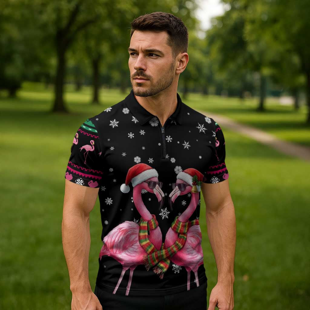 Flamingo Couple Christmas Zipper Polo Shirt Xmas Holiday Patterns - Wonder Print Shop