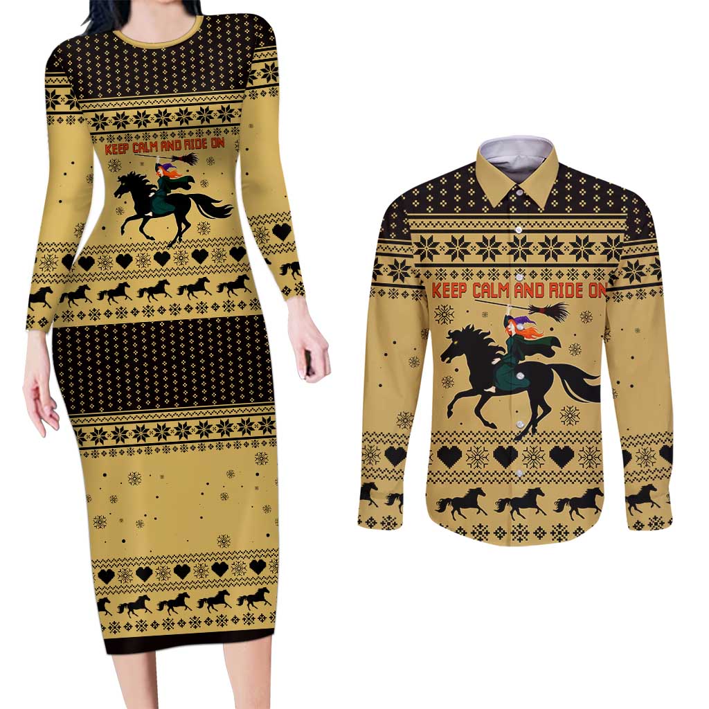 Horse Lover Christmas Christmas Couples Matching Long Sleeve Bodycon Dress and Long Sleeve Button Shirt Xmas Holiday Patterns - Wonder Print Shop