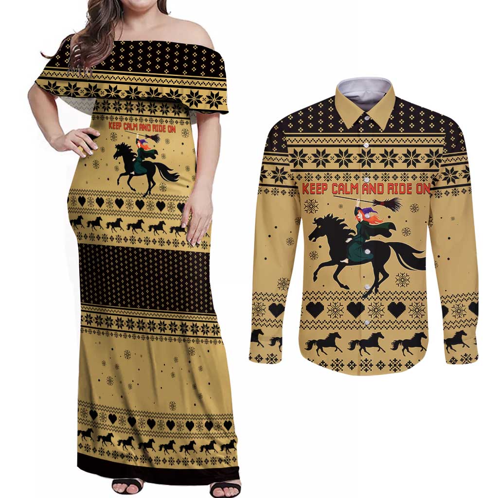 Horse Lover Christmas Christmas Couples Matching Off Shoulder Maxi Dress and Long Sleeve Button Shirt Xmas Holiday Patterns - Wonder Print Shop