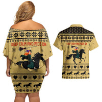 Horse Lover Christmas Christmas Couples Matching Off Shoulder Short Dress and Hawaiian Shirt Xmas Holiday Patterns - Wonder Print Shop