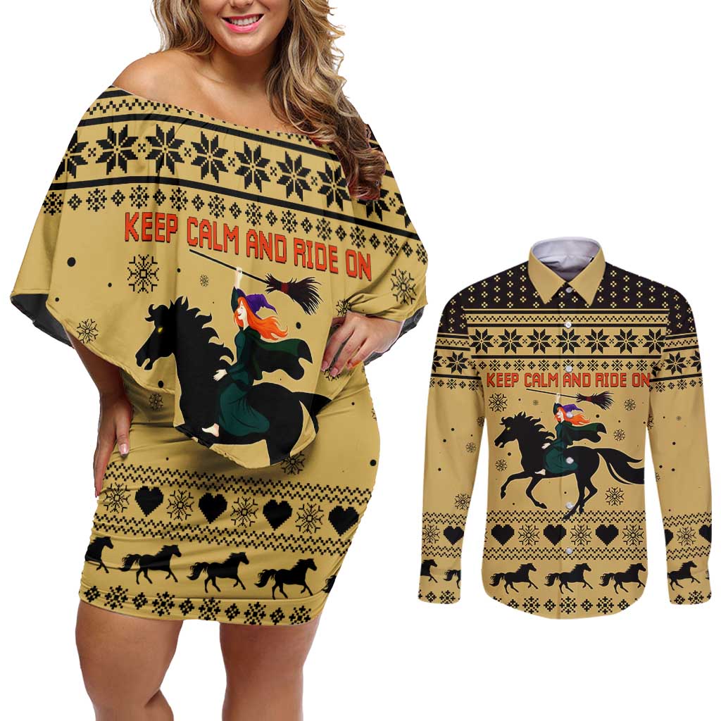 Horse Lover Christmas Christmas Couples Matching Off Shoulder Short Dress and Long Sleeve Button Shirt Xmas Holiday Patterns - Wonder Print Shop