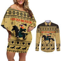 Horse Lover Christmas Christmas Couples Matching Off Shoulder Short Dress and Long Sleeve Button Shirt Xmas Holiday Patterns - Wonder Print Shop