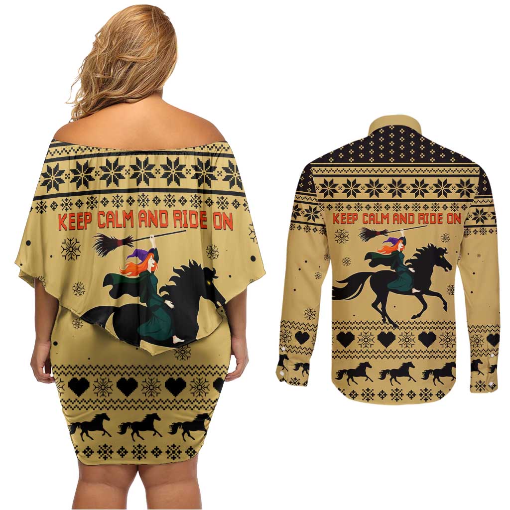 Horse Lover Christmas Christmas Couples Matching Off Shoulder Short Dress and Long Sleeve Button Shirt Xmas Holiday Patterns - Wonder Print Shop