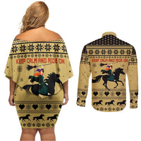 Horse Lover Christmas Christmas Couples Matching Off Shoulder Short Dress and Long Sleeve Button Shirt Xmas Holiday Patterns - Wonder Print Shop