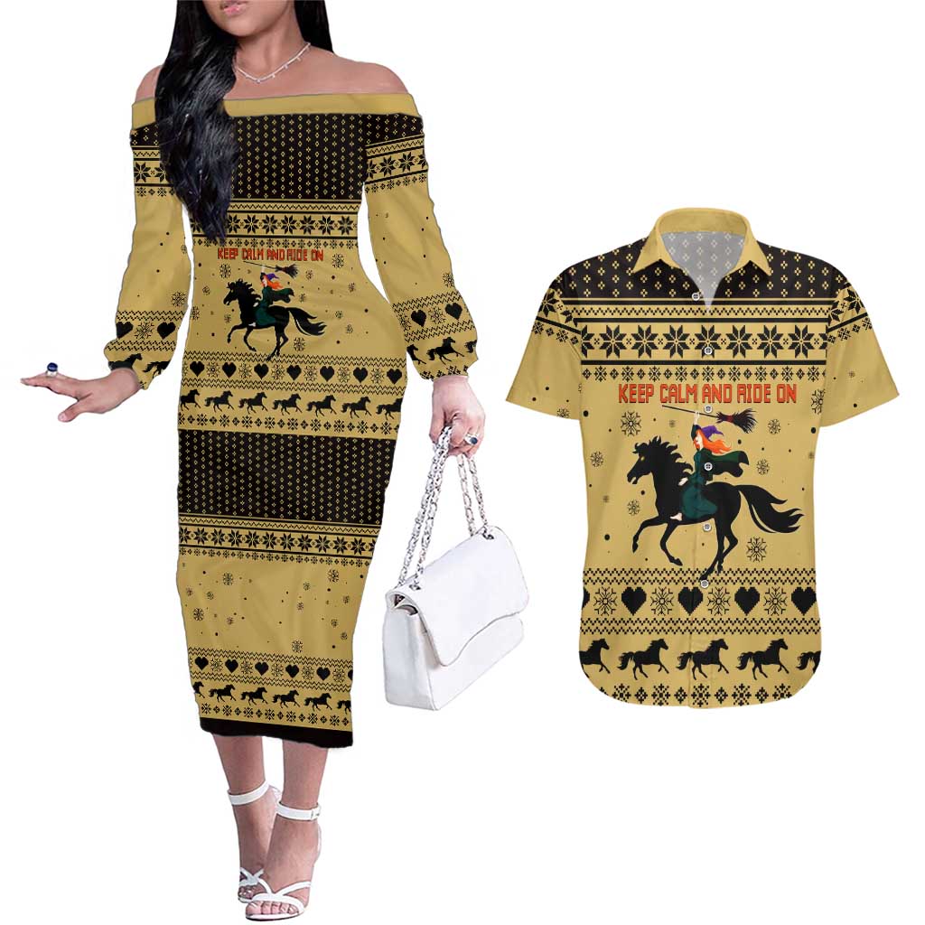 Horse Lover Christmas Christmas Couples Matching Off The Shoulder Long Sleeve Dress and Hawaiian Shirt Xmas Holiday Patterns - Wonder Print Shop