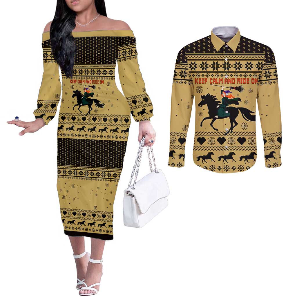 Horse Lover Christmas Christmas Couples Matching Off The Shoulder Long Sleeve Dress and Long Sleeve Button Shirt Xmas Holiday Patterns - Wonder Print Shop