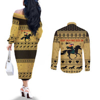 Horse Lover Christmas Christmas Couples Matching Off The Shoulder Long Sleeve Dress and Long Sleeve Button Shirt Xmas Holiday Patterns - Wonder Print Shop