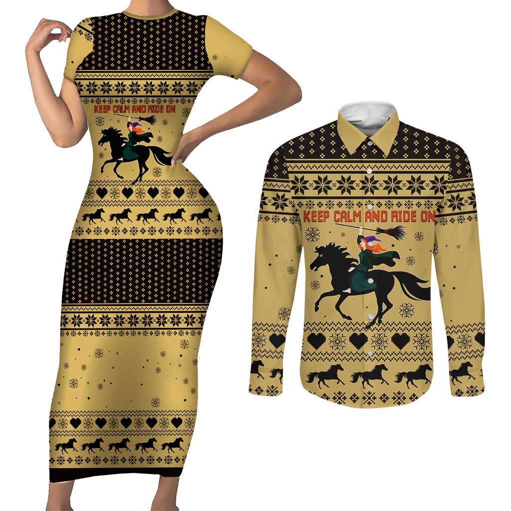 Horse Lover Christmas Christmas Couples Matching Short Sleeve Bodycon Dress and Long Sleeve Button Shirt Xmas Holiday Patterns - Wonder Print Shop