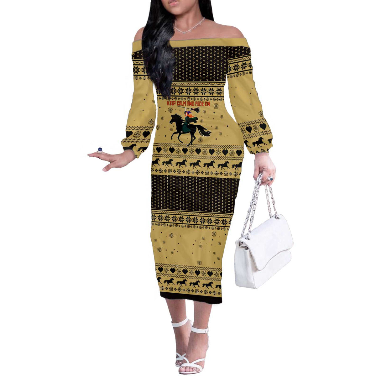 Horse Lover Christmas Christmas Off The Shoulder Long Sleeve Dress Xmas Holiday Patterns - Wonder Print Shop