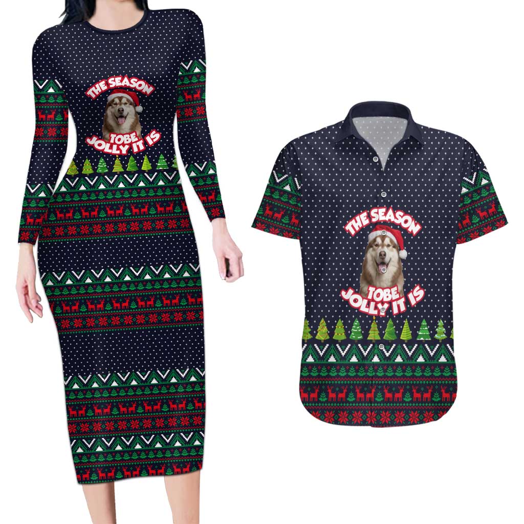 The Season To Be Jolly Siberian Husky Xmas Ball Christmas Couples Matching Long Sleeve Bodycon Dress and Hawaiian Shirt Xmas Holiday Patterns - Wonder Print Shop