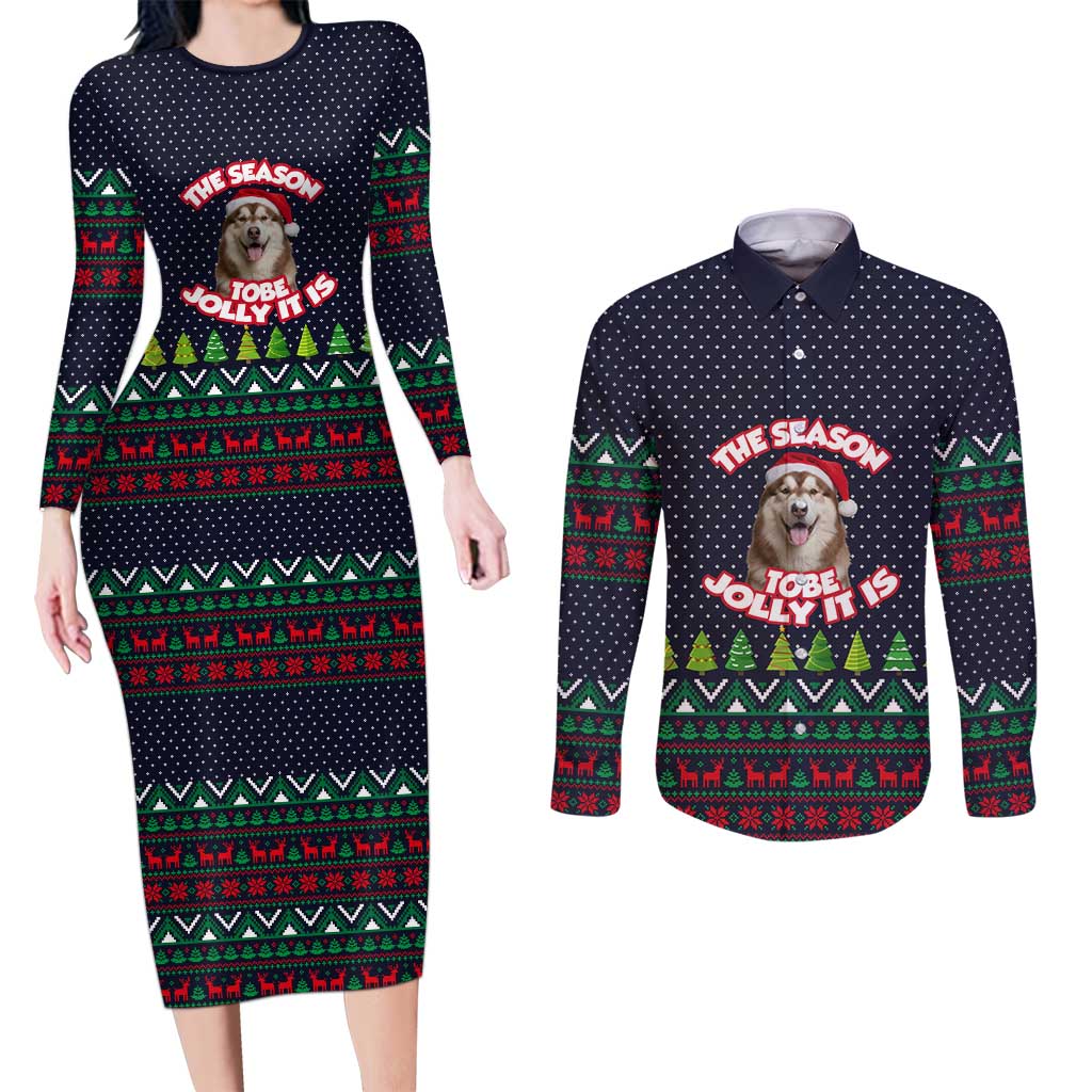 The Season To Be Jolly Siberian Husky Xmas Ball Christmas Couples Matching Long Sleeve Bodycon Dress and Long Sleeve Button Shirt Xmas Holiday Patterns - Wonder Print Shop