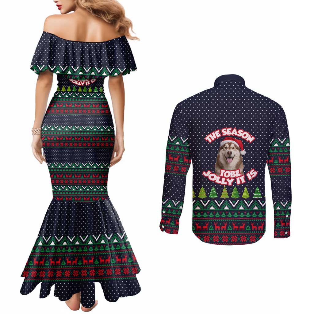 The Season To Be Jolly Siberian Husky Xmas Ball Christmas Couples Matching Mermaid Dress and Long Sleeve Button Shirt Xmas Holiday Patterns - Wonder Print Shop