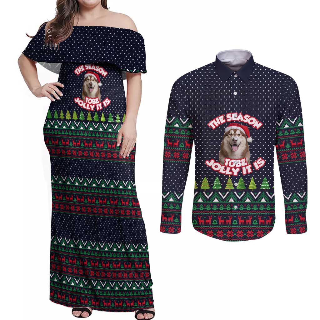 The Season To Be Jolly Siberian Husky Xmas Ball Christmas Couples Matching Off Shoulder Maxi Dress and Long Sleeve Button Shirt Xmas Holiday Patterns - Wonder Print Shop